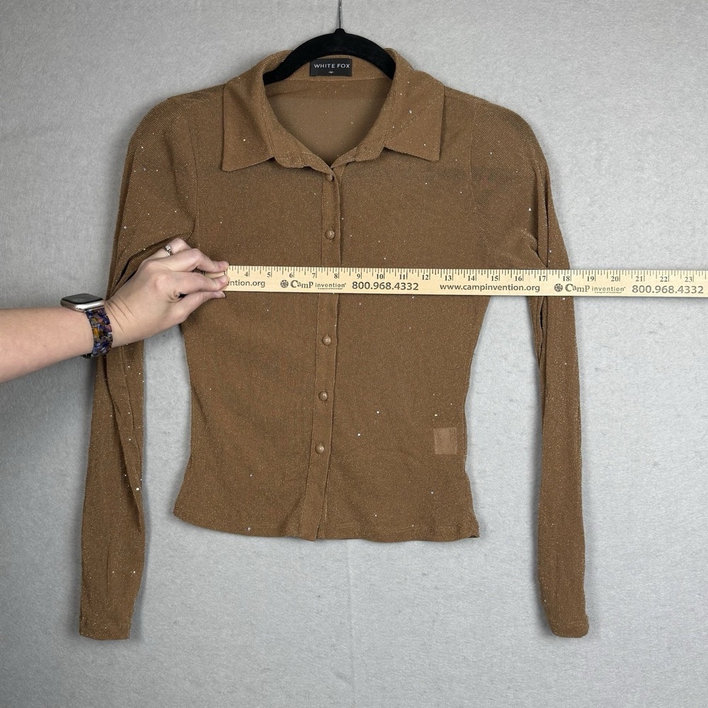 White Fox Womens Tan Sheer Sparkle Long Sleeve Button Up Y2K Top Sz M Whimsygoth - Picture 2 of 6